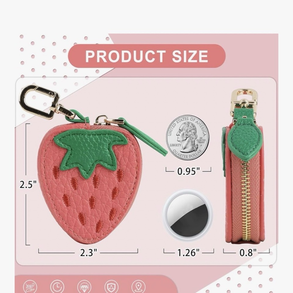 Strawberry-Shaped Pink and Green Coin/ Airtag Pouch - Picture 2 of 8